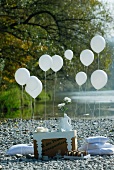 Summer picnic on river bank with table made of cardboard box, white floor cushions and balloons