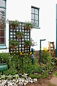 Flower bed with pebbles and flowerpots hanging on DIY trellis on facade
