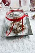 Jar of star-shaped cinnamon biscuits on tray in artificial snow
