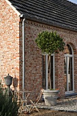 Renovated country house with brick facade and small potted tree on terrace