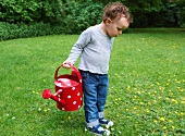 Toddler boy carrying watering can