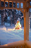 Verschneiter Christbaum vor dem Haus