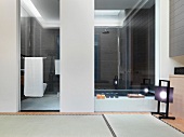 Vorraum mit hellem Teppich und Blick durch Glaswand in Designer Bad