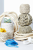 Balls of different types of twine and cord