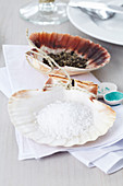 Salt and pepper in scallop shells