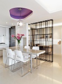 Modern kitchen and office with wire bookcase partition