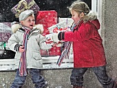 Children with Christmas gifts in snow
