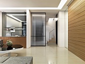Designer Wohnraum mit Blick auf Glaspaneel im Durchgang und ins Treppenhaus