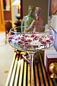 Flowers floating in champagne saucer on gilt surface; ceramic figurines in background
