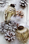 Silver Christmas decorations, pinecones and feathers