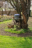 Vintage garden table with violet flowers in a galvanized container in front of an old tree in the garden