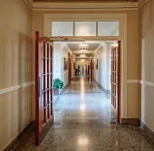 Long corridor in a historic Masonic Retirement Center in Des Moines, Washington