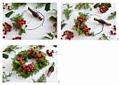 Binding a wreath of holly berries and conifer twigs