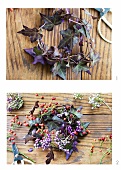 Putting together a wreath made of callicarpa, mini-rose hips and lilac ivy