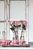 Pale pink garden roses in swing-top lemonade bottles in front of old window casement