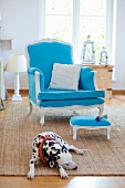 Blue antique armchair with stool on a carpet, a Dalmatian lying on the carpet in the foreground