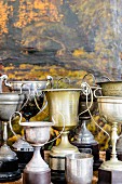 Collection of vintage trophies against black and yellow background