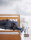 Hund auf dunkler Bettwäsche im Doppelbett mit Holzgestell neben weißem Nachttisch und Tischleuchte