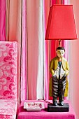 Chinese figurine as base of lamp on pink velvet pouffe combined with striped, silk taffeta curtains and printed linen chair upholstery