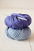Two balls of wool and crochet needle