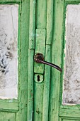 Old green wooden door with frosty window panes