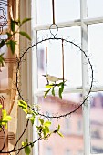 Bird ornament in wire wreath hanging in window