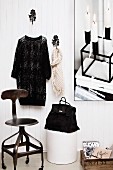 Fashion-inspired, vintage still-life arrangement with swivel chair, bag on bin and dress and scarf hanging on hooks on white wall panelling