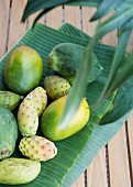 Exotische Früchte auf einem Bananenblatt