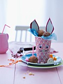 Paper cup decorated with Easter & filled with pastry balls