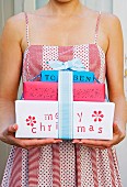 Presents wrapped in hand-made wrapping paper with printed patterns