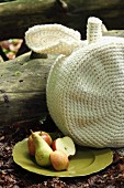 White, crocheted, apple-shaped cushion next to plate of apples and pears on woodland floor