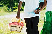 Afrikanisches Paar mit Picknickkorb auf einer Wiese