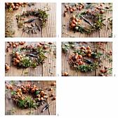 Tying a wreath of spirea twigs and rosehips