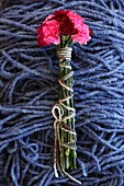 Tied bunch of pinks on pile of blue felt cords