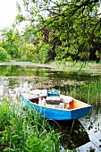 Picnic utensils in light blue rowing boat amongst reeds in pond