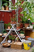 Various plants on old, wooden plant stand behind baskets and buckets on wooden deck adjoining simple wooden cabin