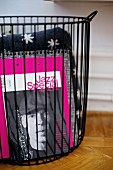 Black wire basket used to store magazines and blankets