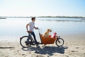 Mann mit Hund und Fahrrad auf dem Weg zum Strandpicknick
