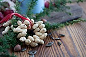 Hand-made wreath of peanuts for feeding birds