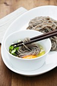 Cold soba noodles with raw egg and spring onions