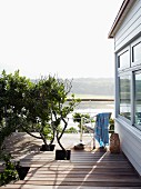 Holiday home with wooden deck with holes left for tree branches and view across lagoon landscape