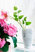 Pink flower in white glazed vase next to house plant with pink flowers