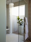 Walk-in shower with glass door; foliage plant in large planter on miniature patio