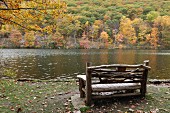 Rustikale Holzbank mit Blick auf See und herbstlich gefärbten Wald im Bear Mountain Park (New York)
