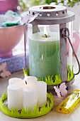 Spring arrangement of candles with green felt trim imitating grass