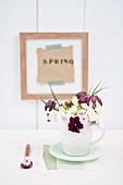 Spring posy in white clay jug; violas, primulas, snake's head fritillaries, viburnum and cream narcissus; Lettering reading 'Spring' in wooden frame in background