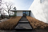 Long, shallow stone steps between beds of dry ornamental grasses leading to modern villa