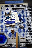 Batik fabric and stamped cards in blue and white