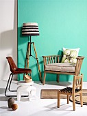 Vintage chairs, elephant figurine used as side table and standard lamp with bamboo frame and knitted lampshade