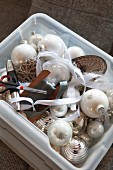 Christmas decorations in plastic box